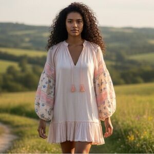 Anthropologie Embroidered Ruffle Pink Tunic Boho Mini Dress Coastal Cowgirl Sz S